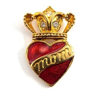 Mom Heart Crown Clear Rhinestones Red Gold Tone Enamel Pin Tie Tack Avon